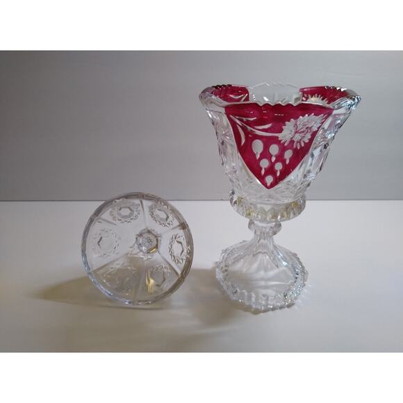 Ruby Flash Glass Compote Red Cranberry Vintage Pattern Candy Dish & Lid Holidays - Picture 9 of 12